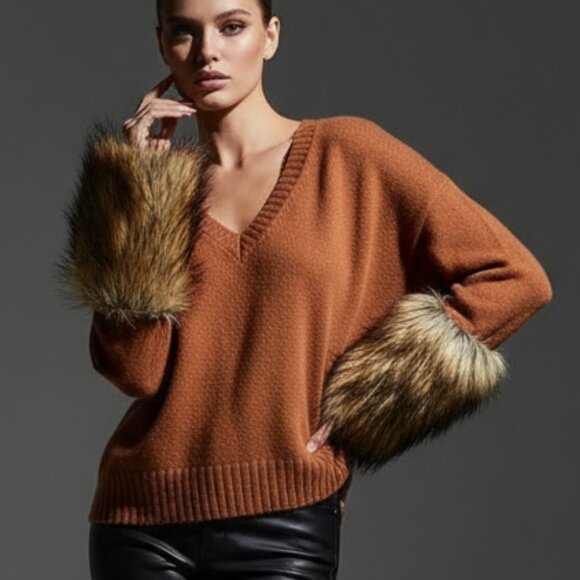 $575 REVOLVE NAADAM Cashmere Faux Fur Sweater burnt Autumn orange L - Picture 1 of 12